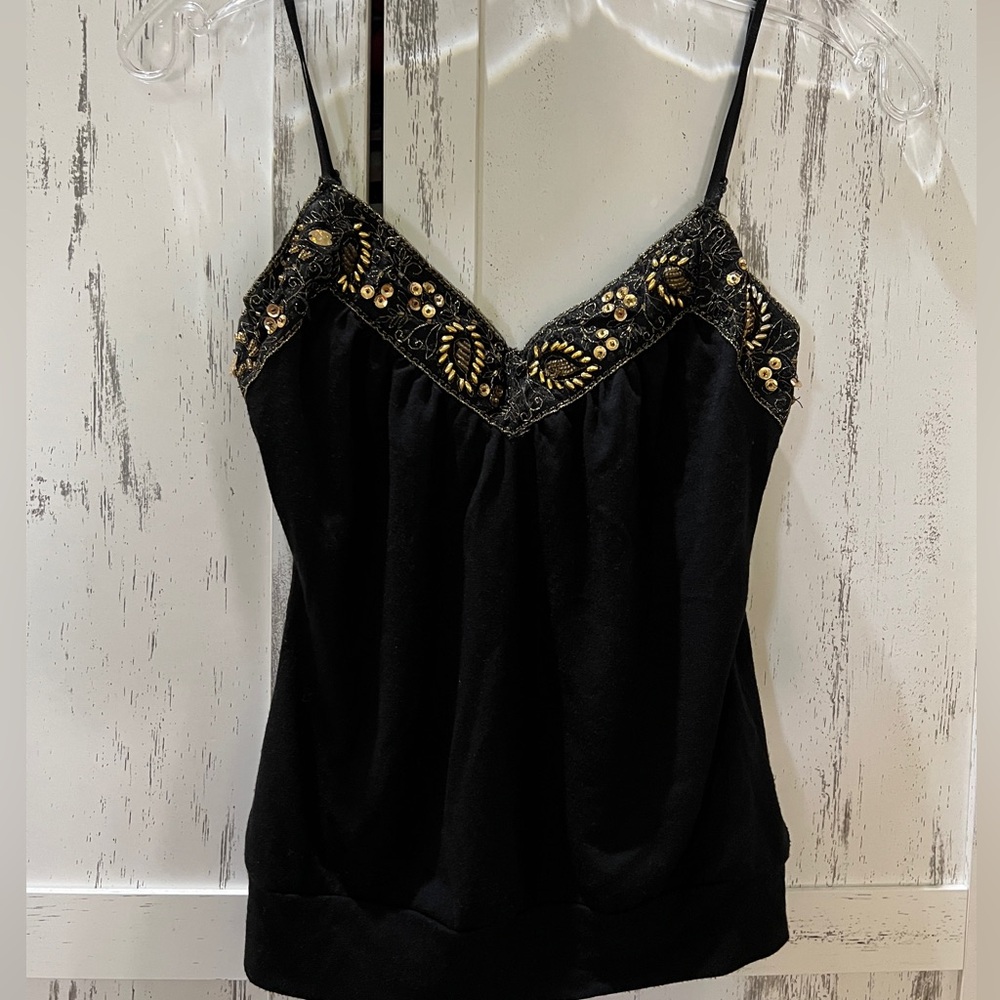 Black v-neck tank with beaded trim